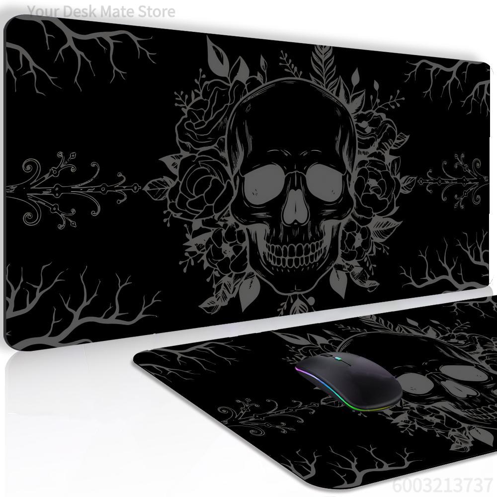 Esports Gaming Table - クールな黒のスカル柄マウスパッドXXL大型滑り止めゴム製eスポーツゲーミングマウスパッド耐久性のある厚い縫い目エッジオフィスゲーマー用ロングデスクマット