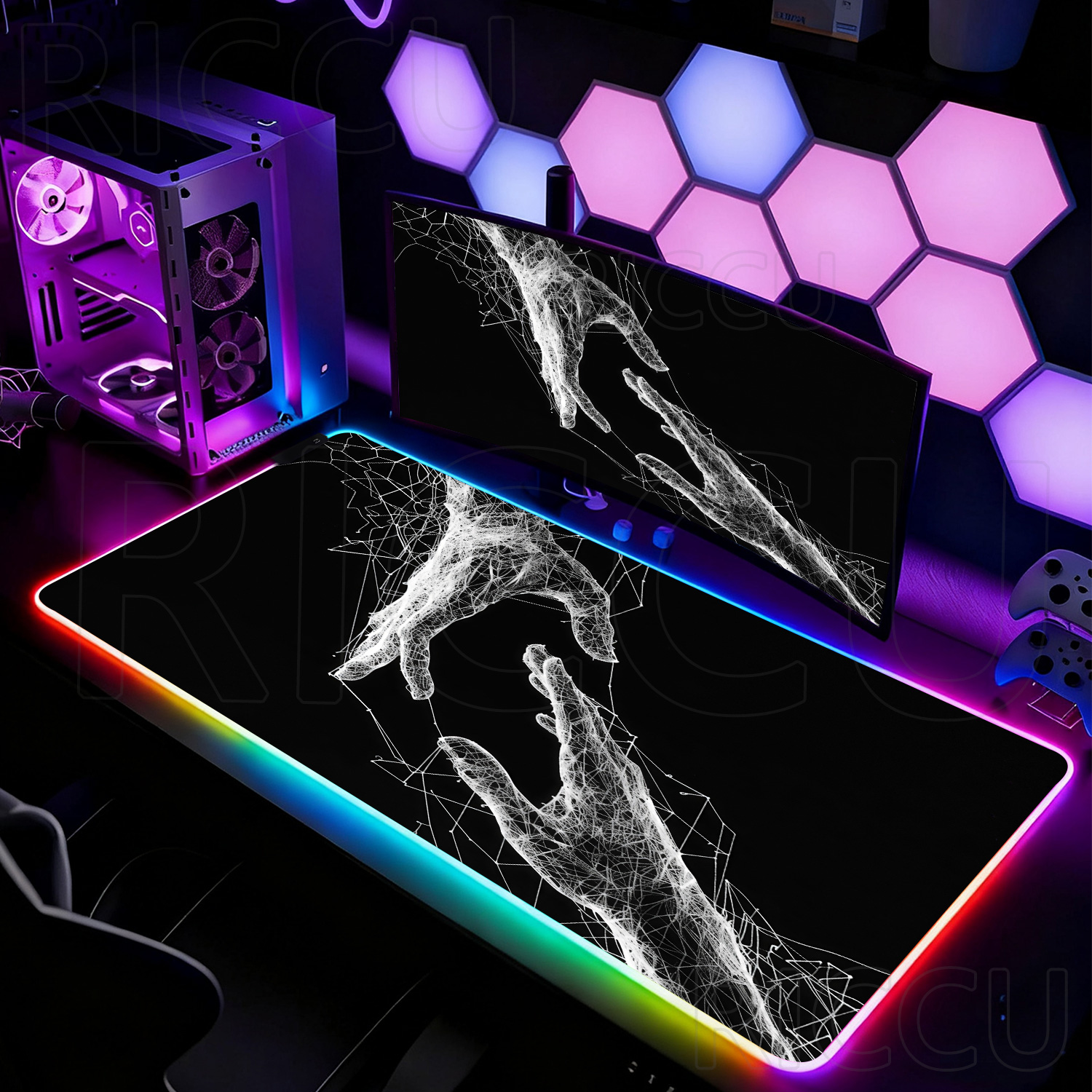 Esports Gaming Setup - RGB XXL HD大型黒白ゴシックハンドマウスパッドPCゲームホームオフィスセットアップラップトップキーボードeスポーツLEDデスクマットゲーマーカーペット