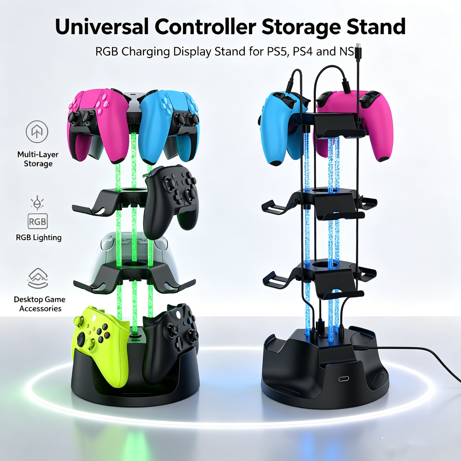 Controller Charging Stand - ユニバーサルコントローラースタンド スイッチ2 PS5 PS4 NS RGB充電ディスプレイホルダー